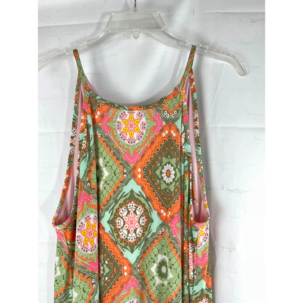 Cato Women's Maxi Dress Geometric Print Spaghetti Strap 18/20W Pink/Green/Orange - Picture 2 of 5